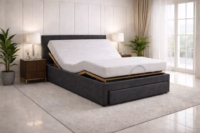 Paradies Ayla Electric Adjustable Bed with Foam Mattress and Upholstered Headboard in Grey and Silver Fabric, W/D/H: 180 x 200 cm