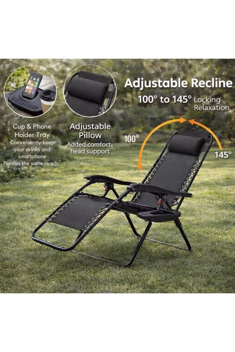 Dyzi Set of 2 Black Zero Gravity Reclining Chairs with Side Table and Adjustable Headrest – 2