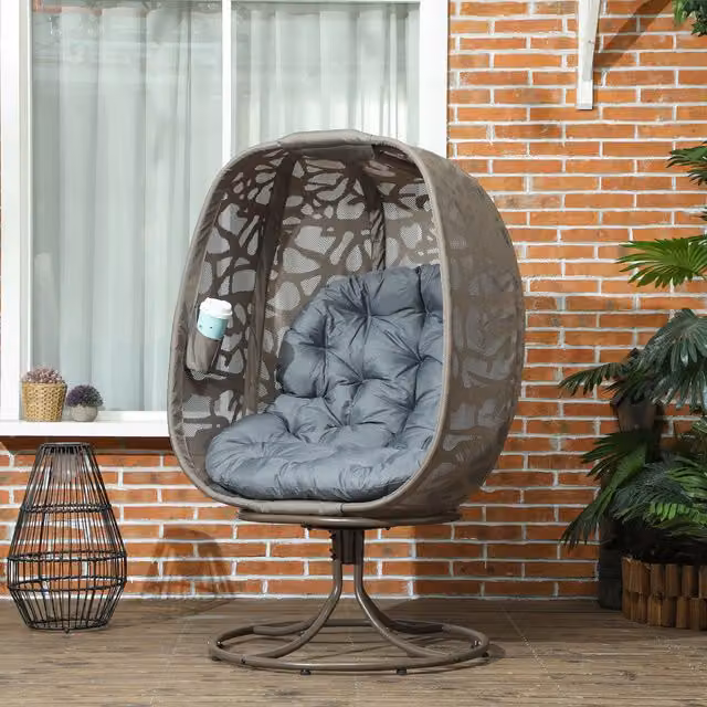 Outsunny Modern Grey Rattan Foldable Egg Chair with Cushions Outdoor Swivel Lounger