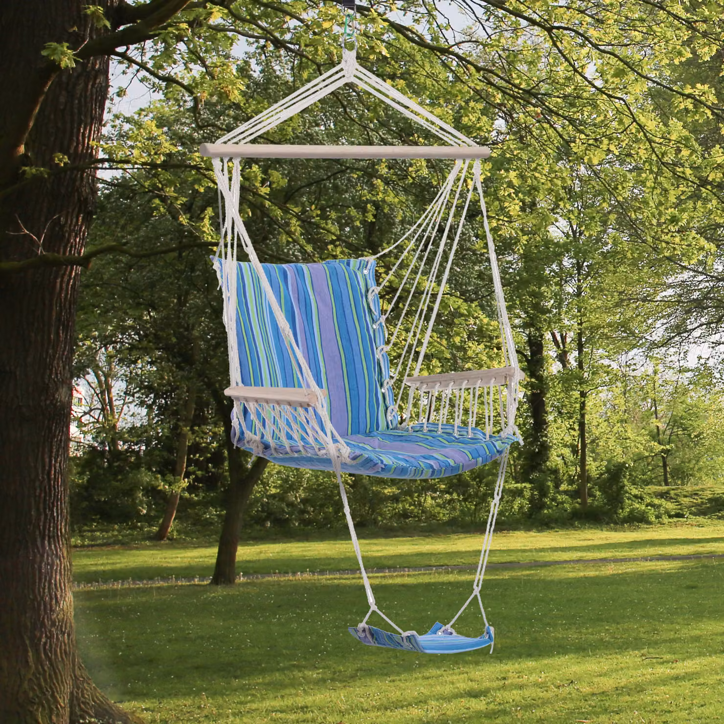Outsunny Blue Wooden Patio Swing Seat with Armrests and Striped Cotton Cloth – 2