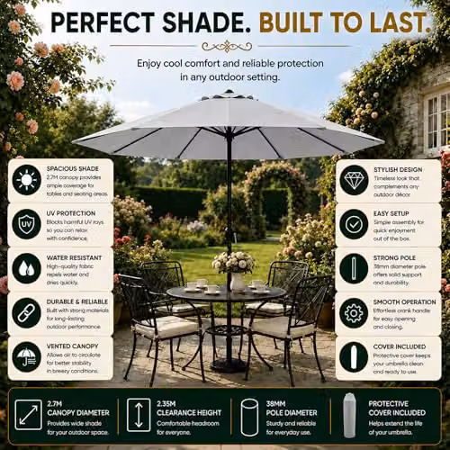 GlamHaus Garden Parasol Umbrella in Grey with UPF 40 Protection and Protective Cover – 7