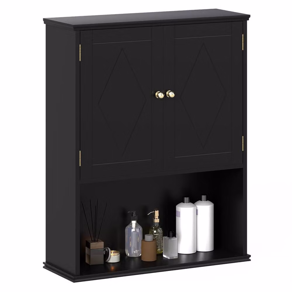 Costway Black Wooden Wall Mounted 2-Door Bathroom and Kitchen Medicine Cabinet with Internal Shelves – 3