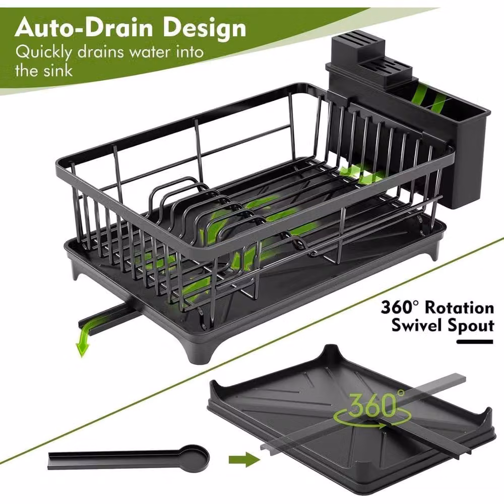 VOGREX Space Saving Kitchen Counter Dish Drainer Rack in Black, W/D/H: 37.8 x 28.3 x 14.5 cm – 4