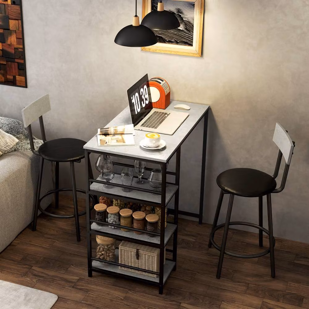 STILVORA Modern Rectangular Dining Set with 3 Chairs and Storage, Grey Wood and Metal Frame – 3