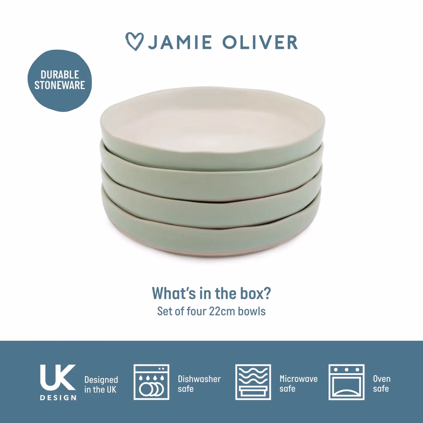 Jamie Oliver Big Love Dishy Bowls, Stoneware, Set of 4, Green, Diameter: 22 cm – 2