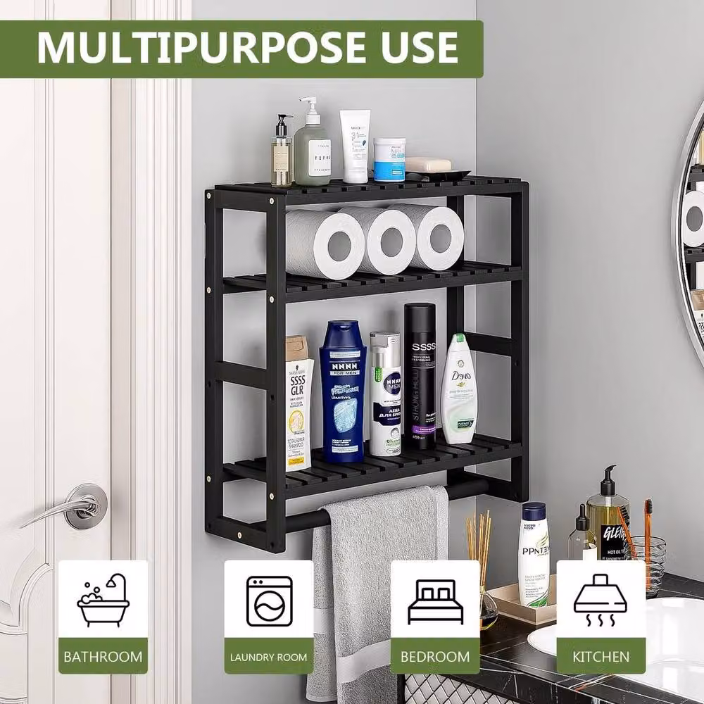 FORGEVIO 3-Tiered Adjustable Bamboo Bathroom Storage Shelf in Black – 5