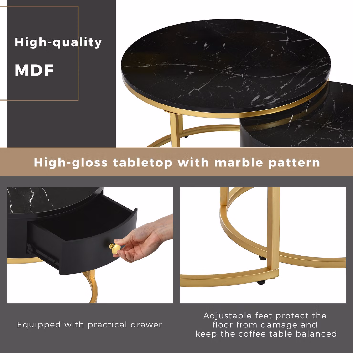 Aosom.UK Round Nesting Coffee Tables with Storage Drawer, Black Marble Top and Gold Metal Frame – 7