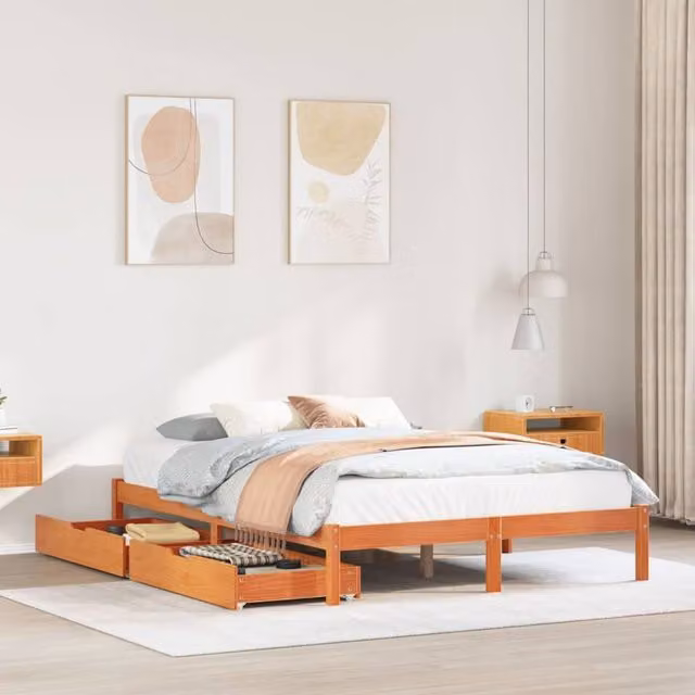 Berkfield Home King Size Solid Wood Pine Bed Frame with Drawers, Wax Brown, W: 150 cm, D: 200 cm – 1