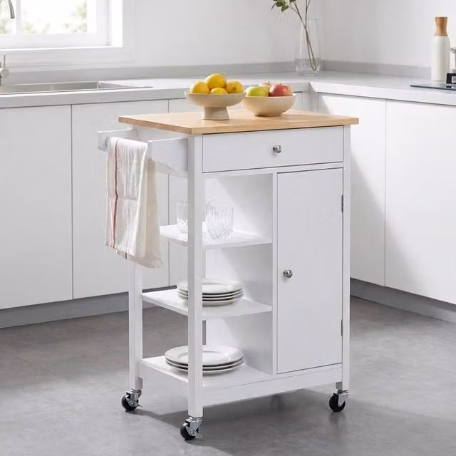 STILVORA Modern Kitchen Trolley with Storage Cupboard and Shelves in White Matt