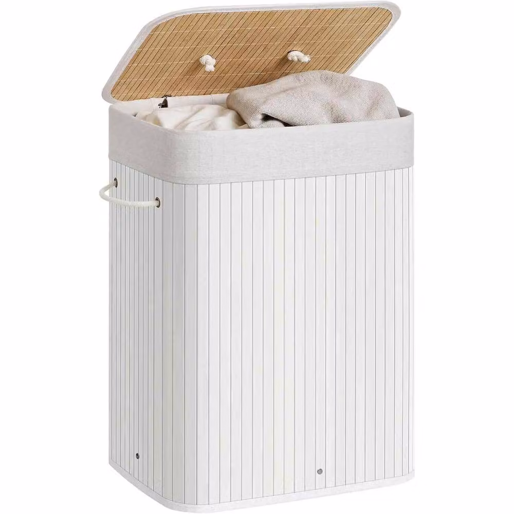 The Bazaarist Bamboo Laundry Basket with Lid and Removable Bag, White