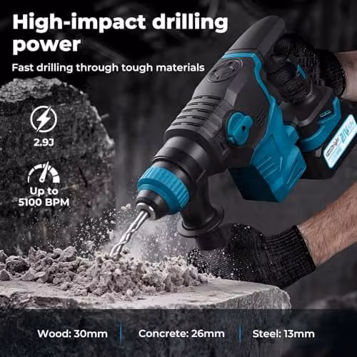 Traderight 21V Brushless Cordless SDS-Plus Rotary Hammer Drill in Blue and Black – 10