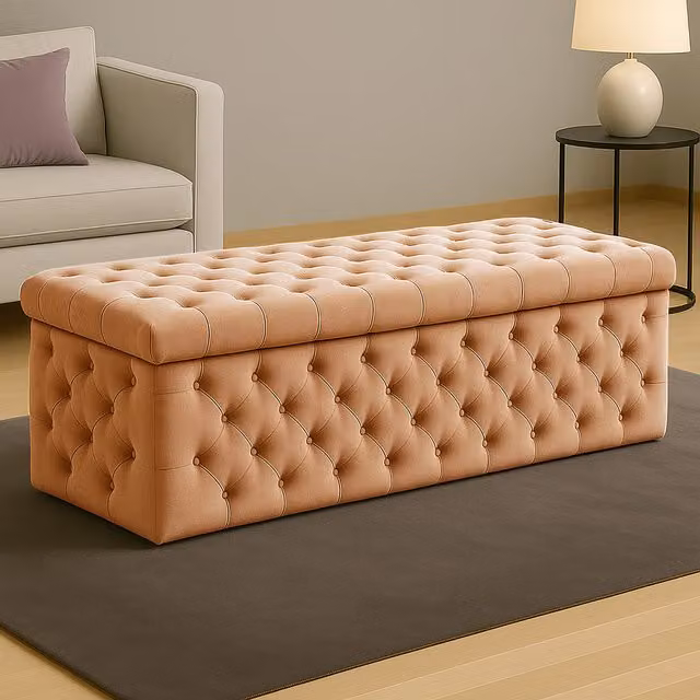 R&M Furnishers Wide Lux Chesterfield Ottoman Storage Box in Brown Silver Velvet