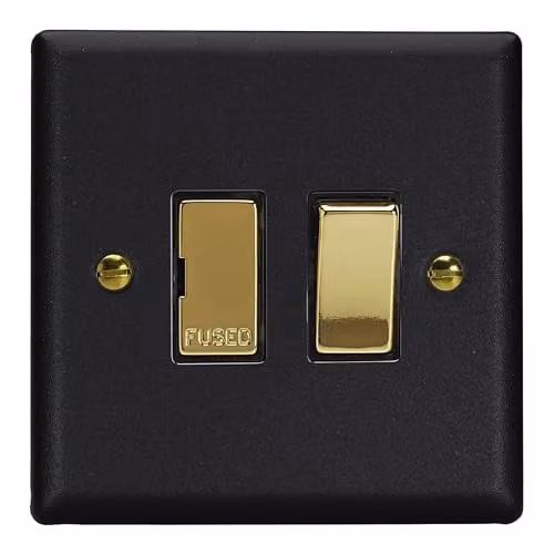 Varilight Vogue Collection 1-Gang Switched Fused Spur in Matt Black with Brass Insert – 1