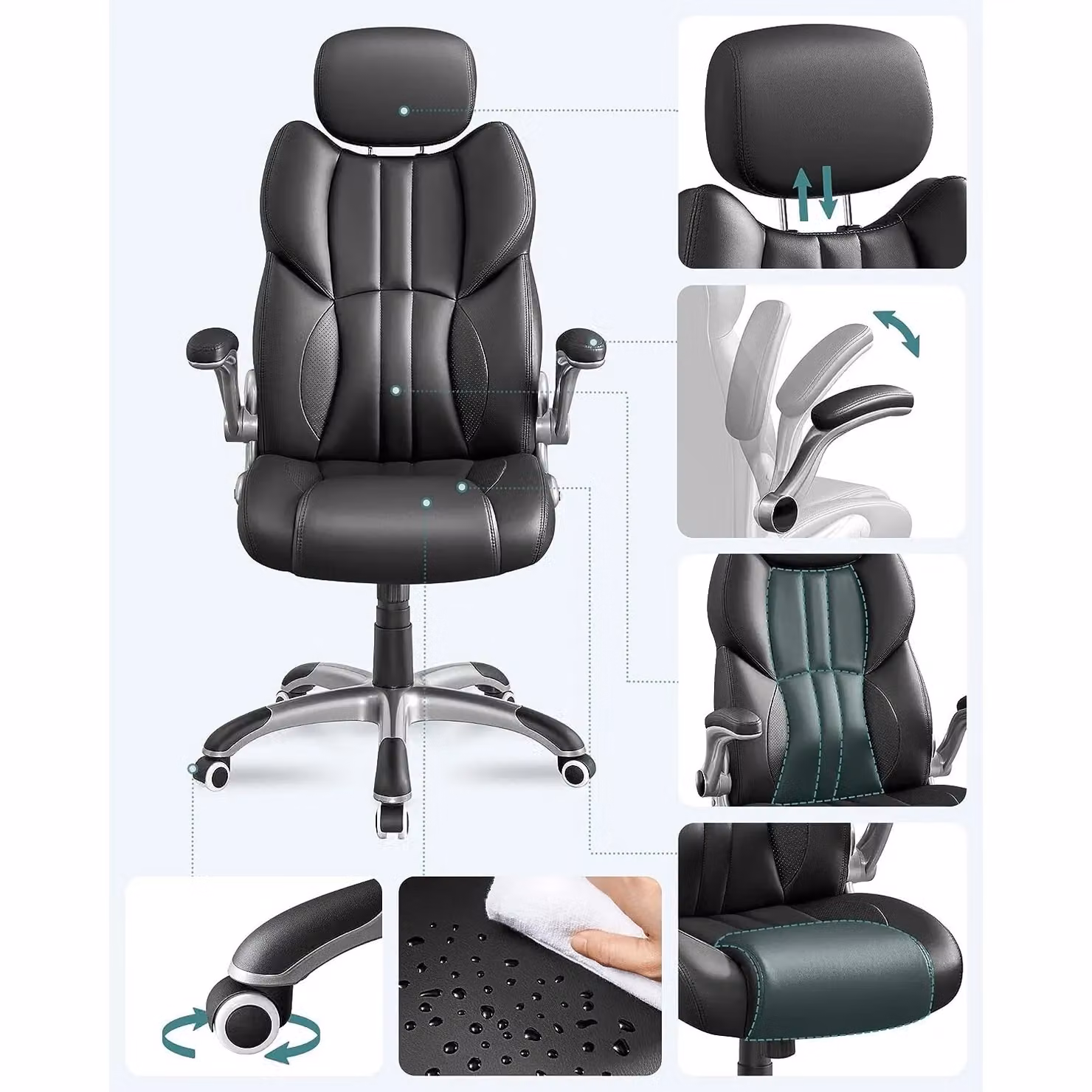 SONGMICS Black Synthetic Leather Gaming Chair with Headrest, 360 Degree Swivel and Foldable Arms – 3