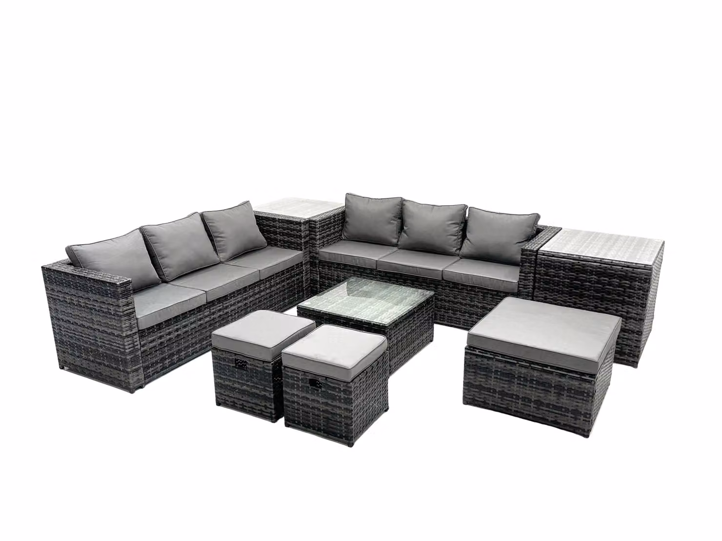 Fimous 9 Seater U-Shape Patio Lounge Sofa Set in Grey with 2 Side Tables and 3 Footstools – 2