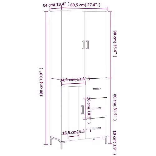 vidaXL Modern Highboard in Smoked Oak, Brown, W/D/H: 69.5 x 34 x 180 cm