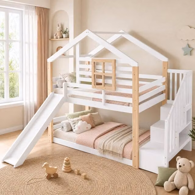 STILVORA White Solid Wood Single Bunk Bed with House Design, Storage Stairs and Slide, 90 x 190 cm – 1
