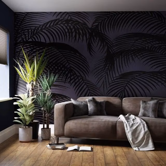 Superfresco Easy Palm Silhouette Midnight Print Navy Blue Floral Wall Mural W: 300 cm, H: 280 cm