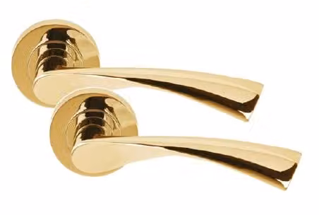 Golden Grace Astrid Twist Door Handles on Round Rose in Polished Brass