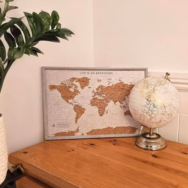 Splosh World Travel Wall Map in Grey Cork and Wood, W: 101.0 cm, H: 45.0 cm, D: 30.0 cm
