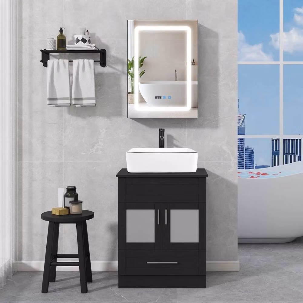 FLAVORA Modern Black LED Bathroom Mirror Cabinet with Integrated Lighting and Glass Doors – 2
