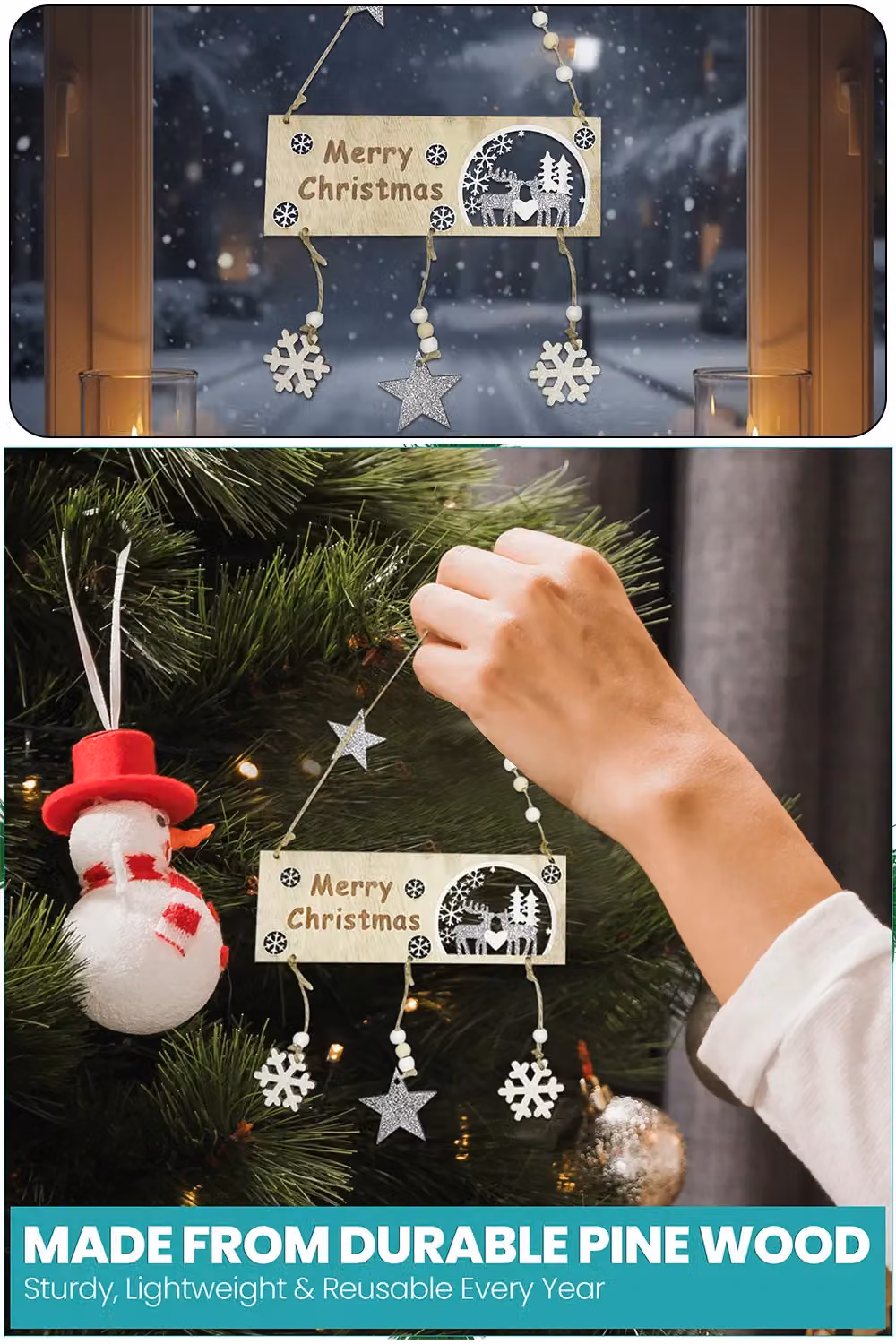 Neel Blue Wooden Merry Christmas Hanging Sign with Reindeer Design, W/D/H: 20 x 17 x 2 cm – 3