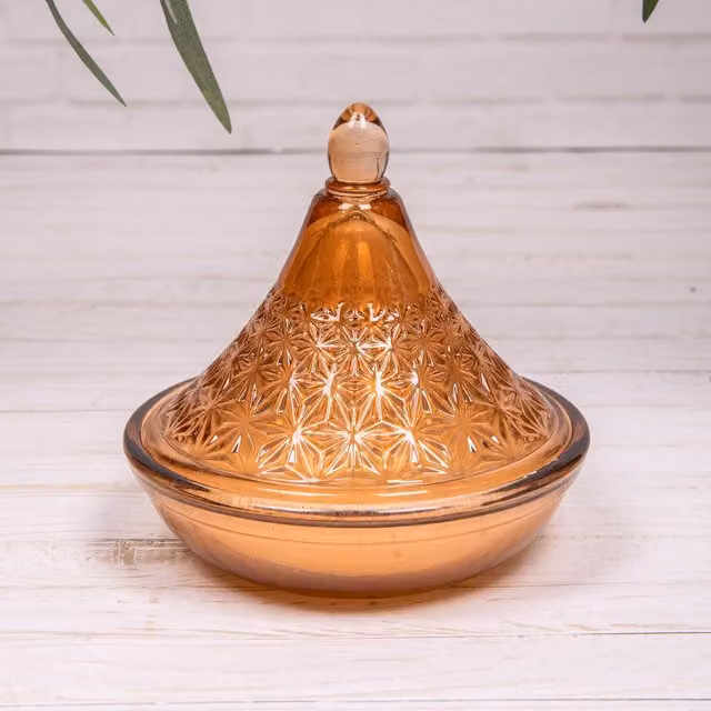 Annibells Glass Tagine Candle Jar with Lid in Moroccan Red Cinnamon with Blue, Green and Brown Patterns, Height: 13 cm