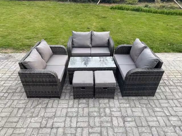 Fimous 6 Piece Grey Wicker Rattan Garden Furniture Set with Rectangular Coffee Table, Love Seat and 2 Footstools