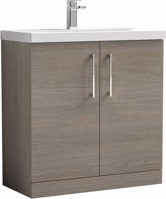 Balterley Contemporary Floor Standing 2-Door Bathroom Vanity Unit with Mid-Edge Ceramic Basin, Solace Oak Brown, W: 80 cm, D: 39 cm, H: 84 cm