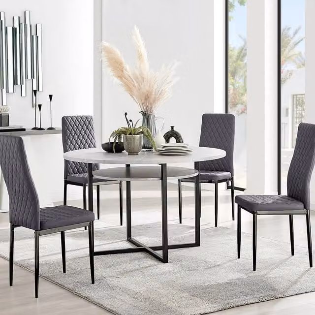 FurnitureboxUK Adley Grey Concrete Effect Round Dining Table with Shelf and 4 Black Velvet Milan Dining Chairs – 1