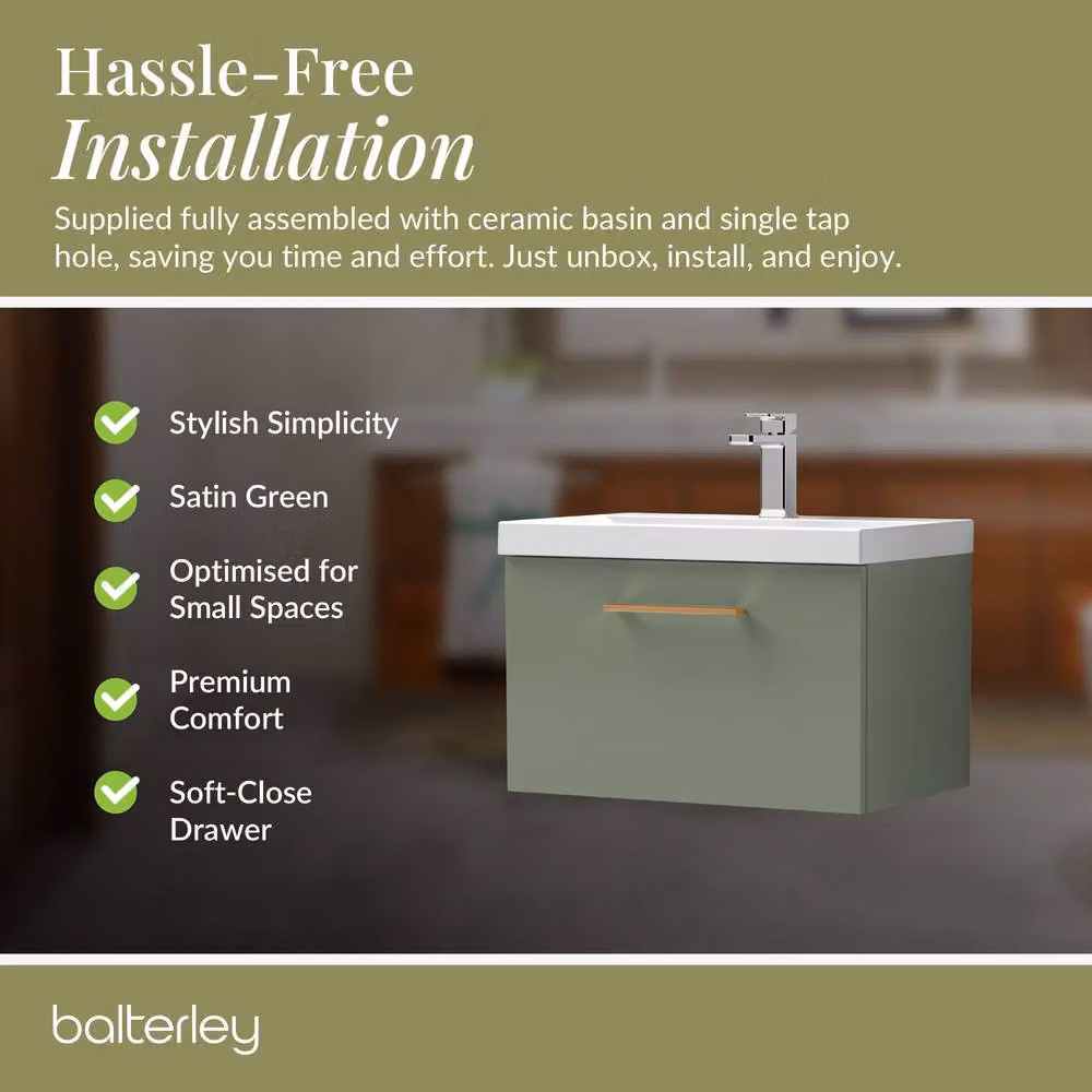 Balterley 600mm Wall Hung 1 Drawer Vanity Basin Unit in Satin Green with Copper Handle – 4