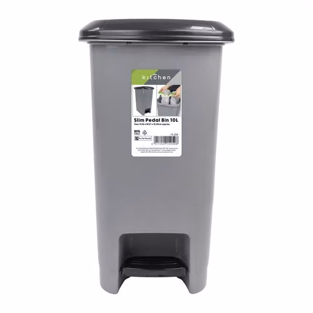 JVL Slim Plastic Lidded Pedal Waste Bin, Grey