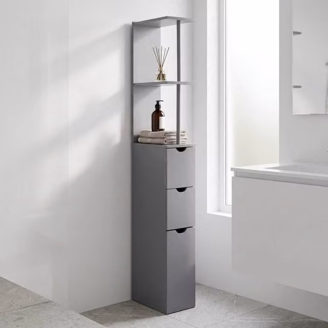 STILVORA Grey Modern Freestanding Bathroom Storage Cabinet with Internal Shelves, Drawers and Hinged Doors – 1