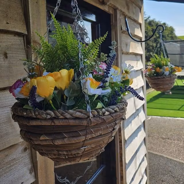 Best Artificial Mixed Meadow Flowers in a Pair of White Rattan Woven Hanging Baskets, Diameter: 25.4 cm