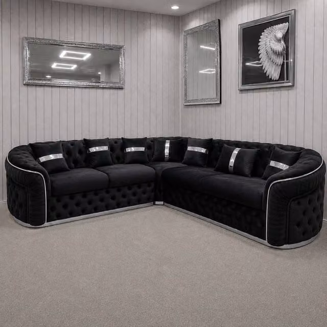 Stratus Interiors Ambassador Chesterfield Velvet Sofa with Silver Trim and Frill in Black – 1