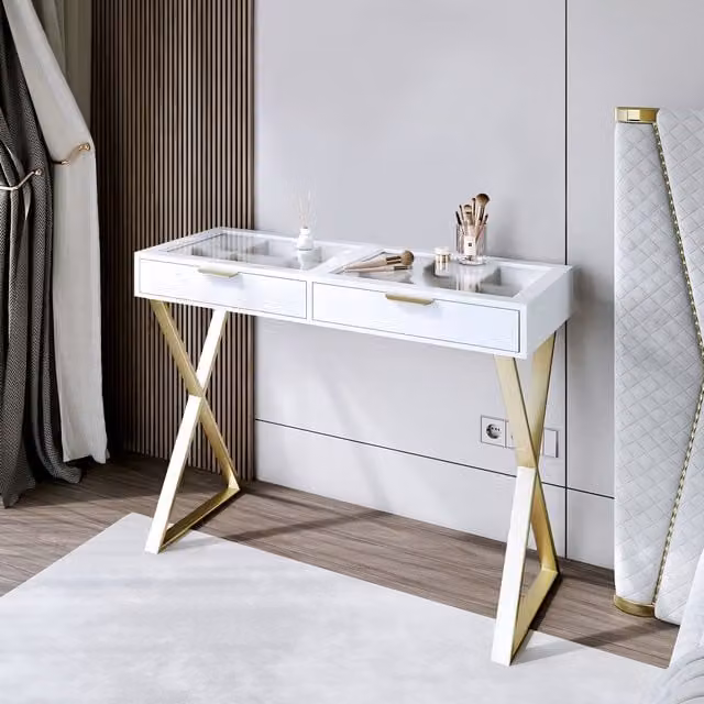 CARME HOME Jess Glasstop White Dressing Table with 2 Drawers and Gold X-shaped Legs