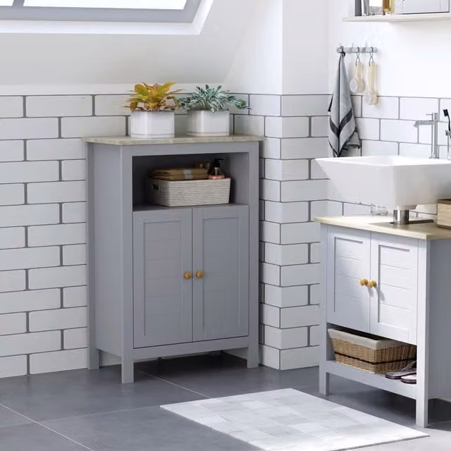 Kleankin Grey Freestanding Bathroom Floor Cabinet with Hinged Doors and Adjustable Internal Shelves