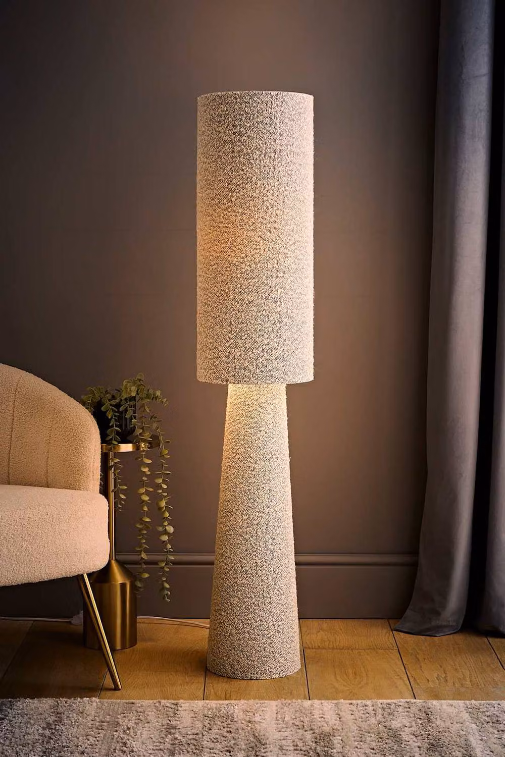 ValueLights Ash Natural Midi Floor Lamp in Light Grey with Boucle Fabric Shade and Bulb Included – 2