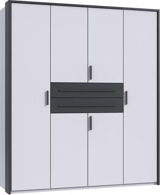 TJS Digit 6 Door Modern Bedroom Wardrobe in White and Grey with Mirror, Width: 180 cm