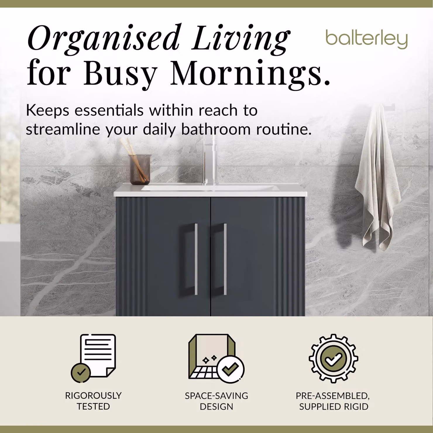Balterley Grey Floor Standing Bathroom Vanity Unit with Rectangular Basin and Soft Close 2 Doors – 2