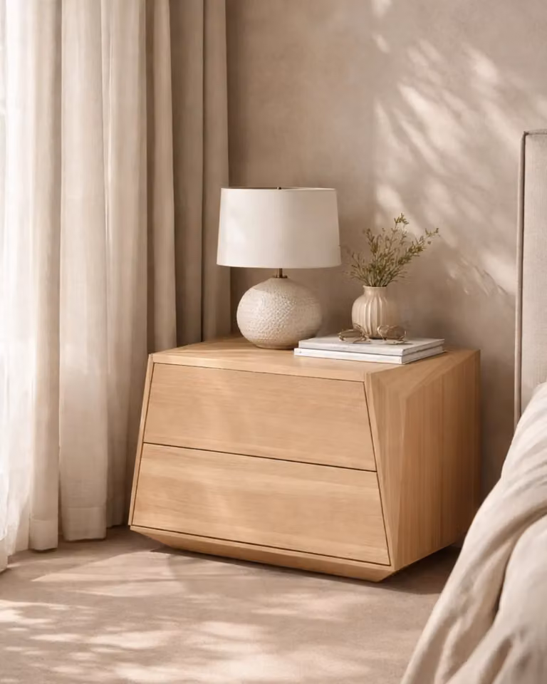 Tommy Franks Madon Wide Bedside Table in Ash Oak Brown and Beige