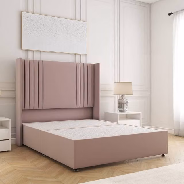 BSSPOKE Cheshire King Divan Bed with 54 inch Plush Velvet Headboard in Pink