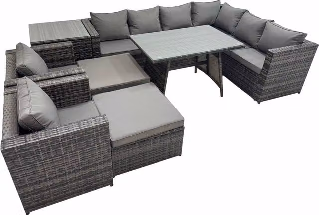 Fimous Modern 10-Seater Dark Grey Mixed PE Rattan Garden Furniture Set with Glass Table