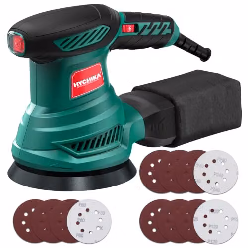 HYCHIKA Orbital Sander, 300W 13000RPM Random Orbital Sander with 6 Variable Speeds, 125mm Sanding Disc, Green – 1