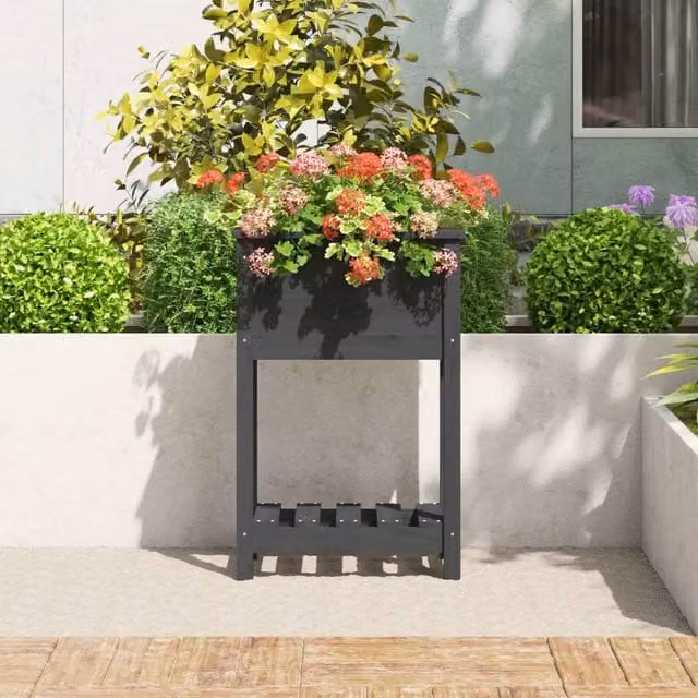 Berkfield Home Planter with Shelf in Grey Solid Wood Pine, W/D/H: 54 x 34.5 x 81 cm