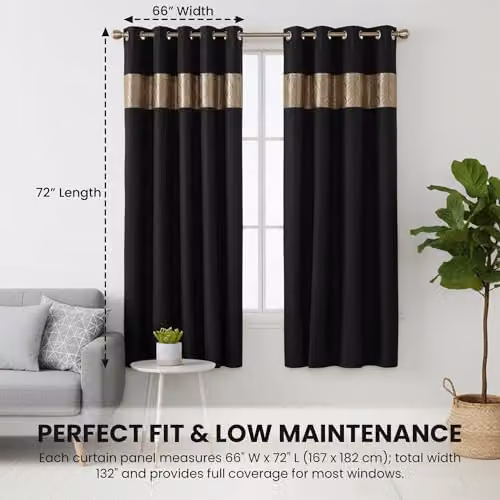 Rapport Home Capri Blackout Eyelet Curtains Pair in Black and Gold, Thermal Insulating Velvet Polyester, W: 180 cm, H: 182 cm – 7