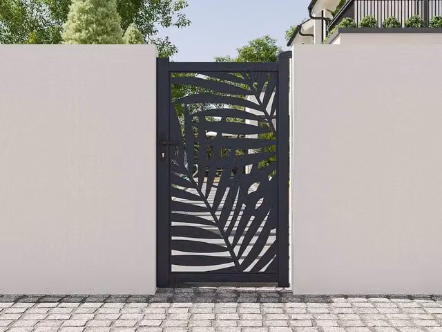 Vente-unique Laser-Cut Aluminium Single Swing Gate with Tropical Pattern in Grey, W: 103 cm, H: 181 cm
