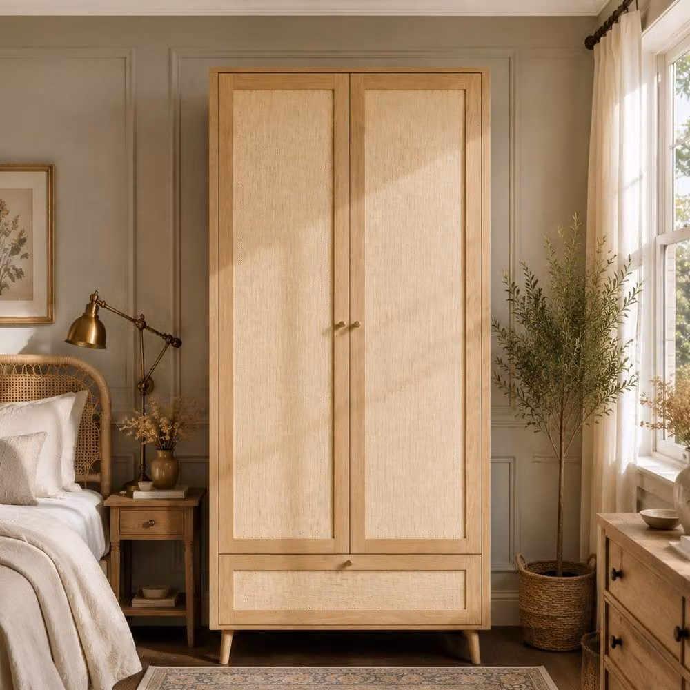 Merax Natural Oak 2 Door Double Wardrobe with Rattan Effect and Integrated Drawers, W: 80 cm, D: 55 cm, H: 180 cm – 2