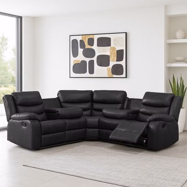 Furnishings For Less UK Minnesota 5 Seater Leather Reclining Corner Sofa in Black with Drinks Tray and Padded Arms