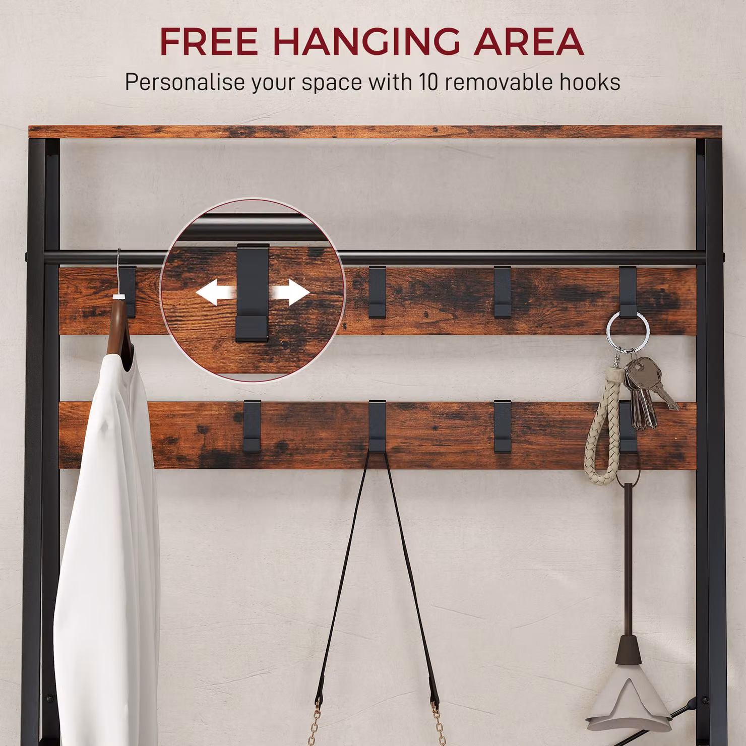 HOMCOM 6-in-1 Industrial Hall Tree with Bench and Dual Hook and Rail Matrix in Brown and Black – 4